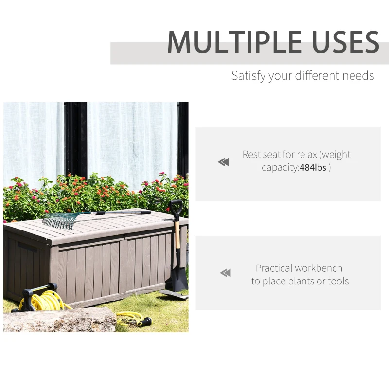 Outsunny Plastic Deck Storage Container Box Outdoor Garden Bench Patio Furniture 77 Gal with Handles, Padlock Eyes, 56" x 26" x 24"