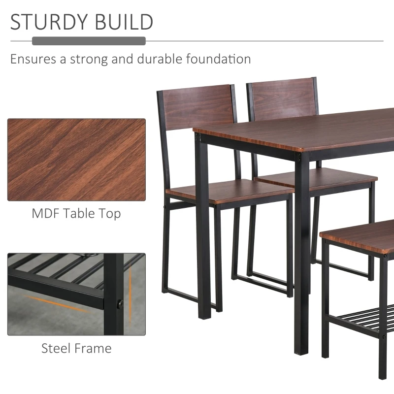 HOMCOM Industrial 4 Piece Dining Room Table Set with Bench Wooden Kitchen Table and Chairs w/ Storage Rack for Kitchen, Dinette, Rustic Brown/Black