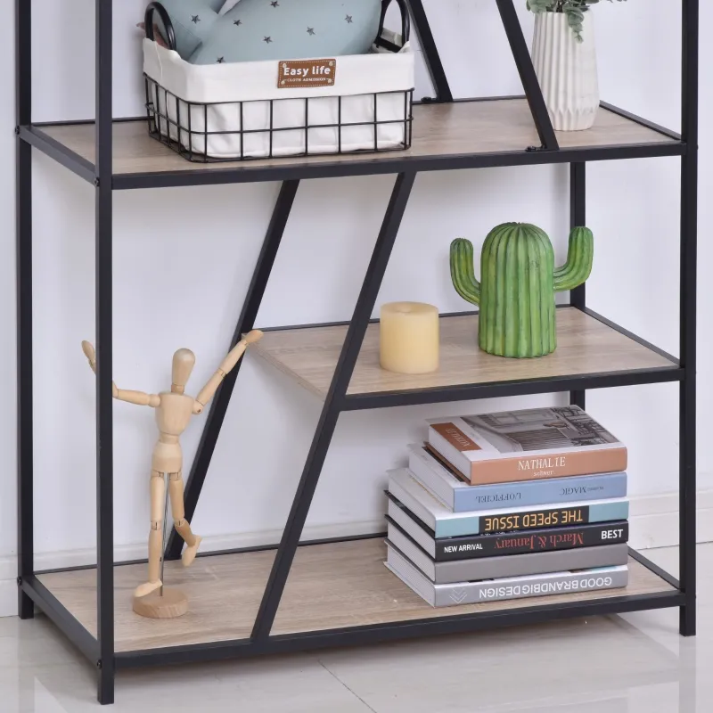 HOMCOM Modern Decorative Storage Shelf Bookcase Metal Frame for Living Room & Study Room, Black, and Wood