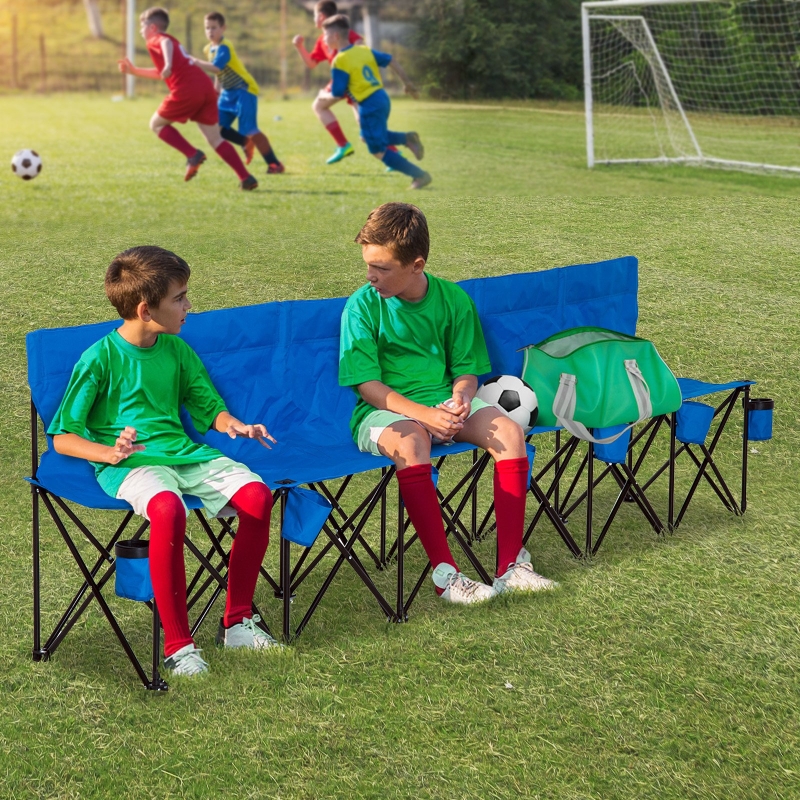 Outsunny 6 Seat Sport Bench Team Sport Camp Seat Folding Portable Outdoor Bench with Carrying Case and Cup Holder Black
