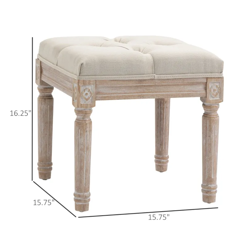 HOMCOM Ottoman Bench Vintage Footrest w/ Button Tufted Seat, Carved Wooden Legs, Beige