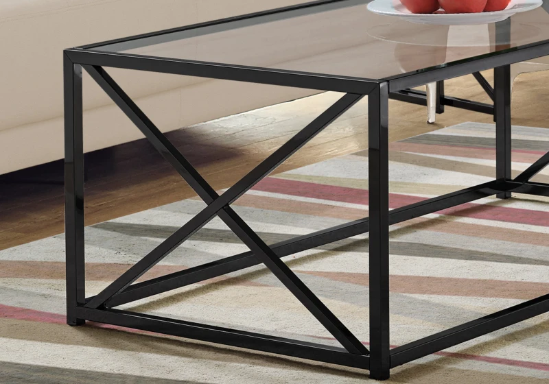 Monarch 44" Contemporary Tempered Glass Coffee Table with X-Design Metal Base - Black Nickel