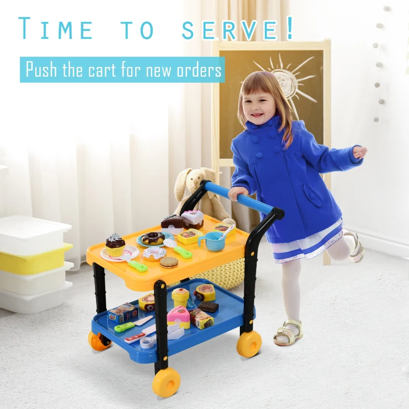 HOMCOM 25 pcs Kids Cart Pretend Play Cake Playset Educational Toy Yellow/Blue