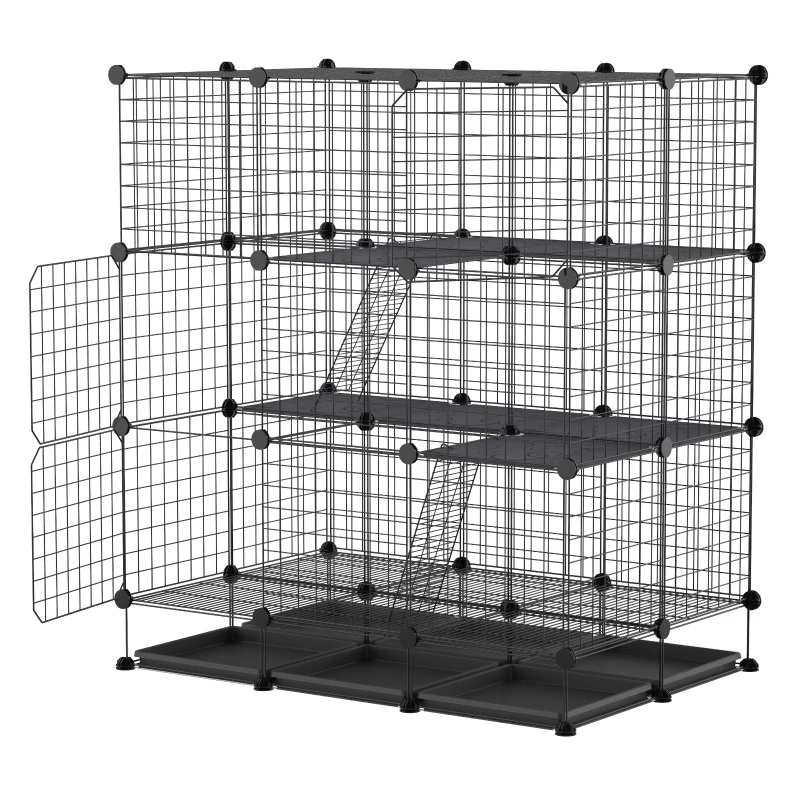 PawHut DIY Pet Playpen Wire Rabbit Cage for Kitten, Chinchillas & Small Animals with 6 Independent Trays - Black