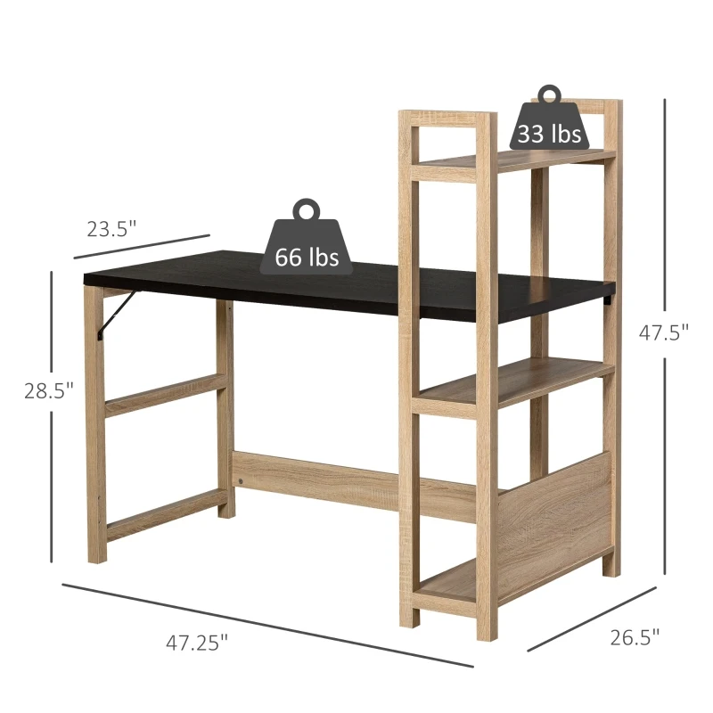 HOMCOM Computer Desk Home Office Study Writing Rectangle Workstation with Storage Shelves 3-Tier Bookshelf, Wide Display Table, Black/Oak