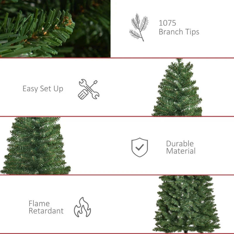 HOMCOM 7.5ft Unlit Slim Fir Artificial Christmas Tree with Realistic Branches, Holiday Indoor Decoration with 1075 Tips