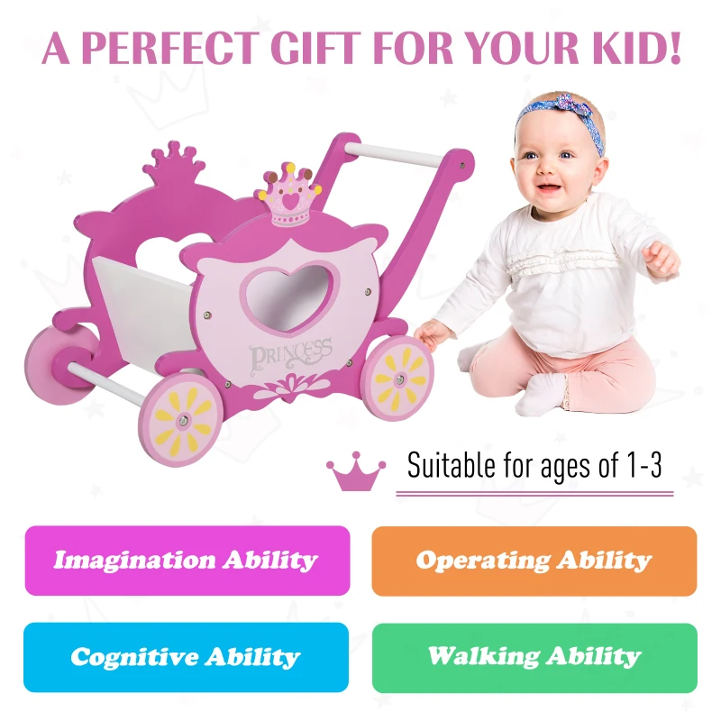 Qaba 2-in-1 Baby Learning Walker Wooden Storage Strollers Toddler Push/Pull Wagon Toys Crown Theme for Girls Boys 1-3 years Old