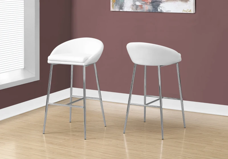 Monarch 2 Piece Modern PU Leather Padded Seat Chrome Legged Bar Height Barstool Chair Set - White