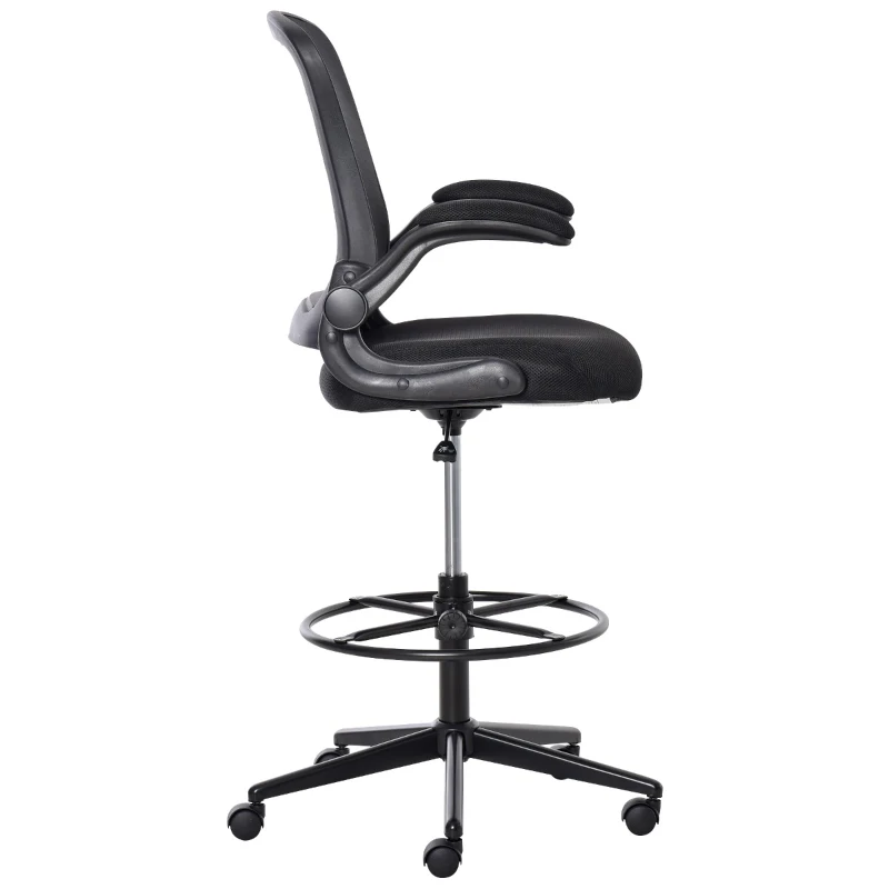 Vinsetto Tall Drafting Desk Chair Computer Desk Home Office Mesh Standing Chair with Mid Back, Foot Ring, Flip-up Arm, 360° Swivel Wheels, Black