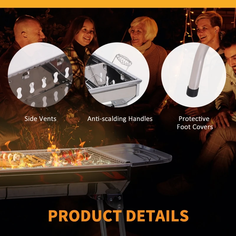 Outsunny Charcoal Barbecue Grill Stainless Steel Portable Folding Charcoal BBQ Grill Stainless Steel Camp Picnic Cooker