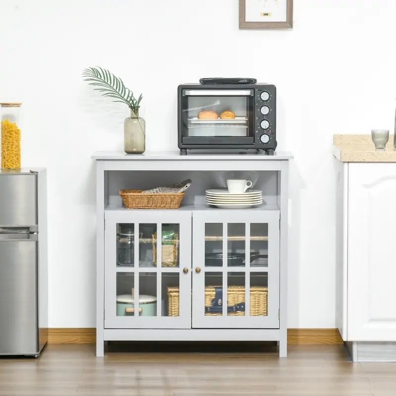 HOMCOM Sideboard Buffet Cabinet with Open Shelf, Glass Doors and Adjustable Shelf, Accent Cabinet for Kitchen, Living Room, Gray