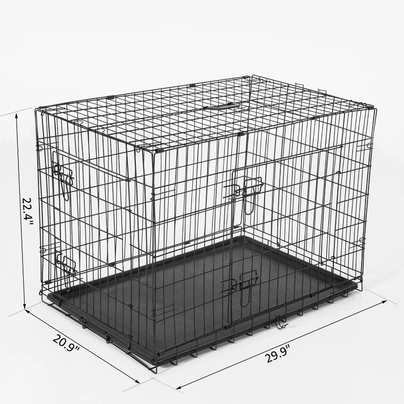 PawHut 30"x21"x22" Double Door Folding Metal Dog Crate w/ Plastic Tray