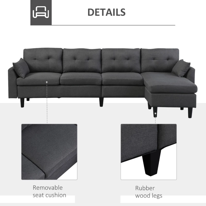 HomCom Elegant 3 Piece Sofa Chaise Lounge Set with Wooden Leg Footstool, & Large Multifunctional Loveseat - Grey