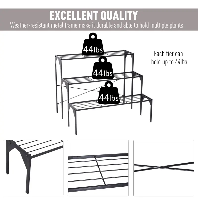 Outsunny Outdoor Plant Stand, 3 Tier Flower Stand, Metal Plant Shelf for Indoor Home & Outdoor Patio Balcony Yard Use