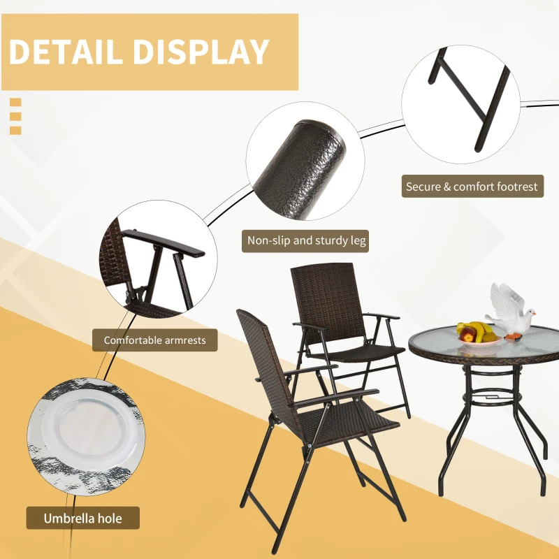 Outsunny Rattan Wicker Patio  Bar Chair Set UV Resistant Garden Furniture Set Outdoor & Indoor w/ Glass & Umbrella Hole Table, Brown