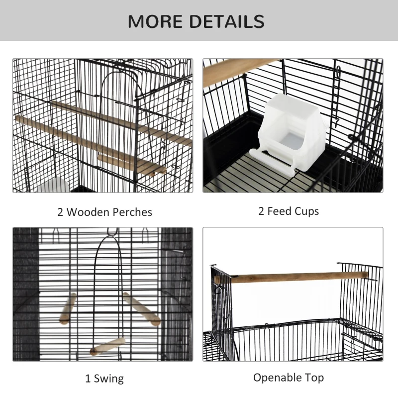 PawHut 28"H Steel Bird Cage with Open Play Top, Perch, Feeding Bowl for Parrot Lovebirds Parakeets Cockatiels - Black
