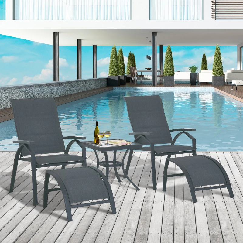 Outsunny 5pcs Outdoor Sling Bistro Set Garden Sun Lounger Chaise Lounge Reclining Chair w/Side Table & Ottoman  Balcony Furniture Grey
