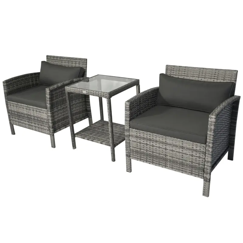 Outsunny 3 Pieces Wicker Patio Furniture Set, Rattan Bistro Set with 2-Tier Coffee Table, Extra Wide Chairs and Cushions, Outdoor Conversation Set for Garden, Porch, Balcony, Grey
