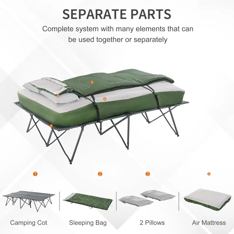 Outsunny Folding Portable Camping Cot Bed Set with Sleeping Bag, Inflatable Air Mattress, Pillows for 2 Person with for Fishing & Hiking