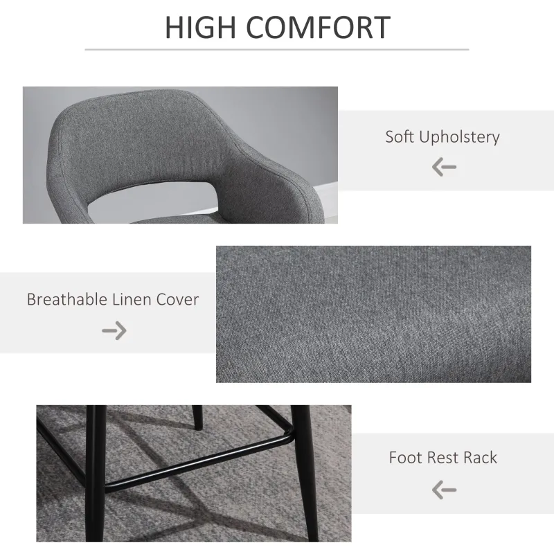 HOMCOM Modern Counter Height Barstool Linen Fabric Upholstered Chair with Footrest & Metal Legs,  Dark Grey