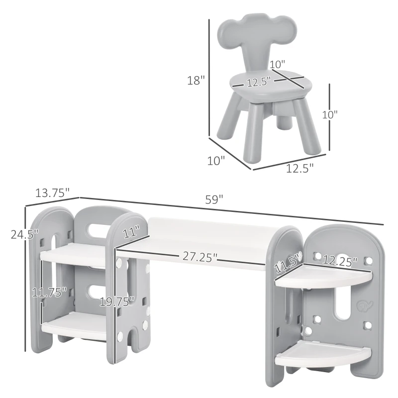 Qaba Kids Table and Chair Set, Activity Desk with Bookshelf & Storage for Study, Activities, Arts, or Crafts, Grey and White