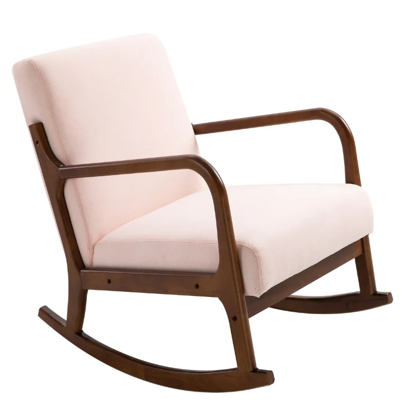 HOMCOM Upholstered Rocking Armchair with Wood Base and Linen Fabric Padded Seat for Living Room, Pink