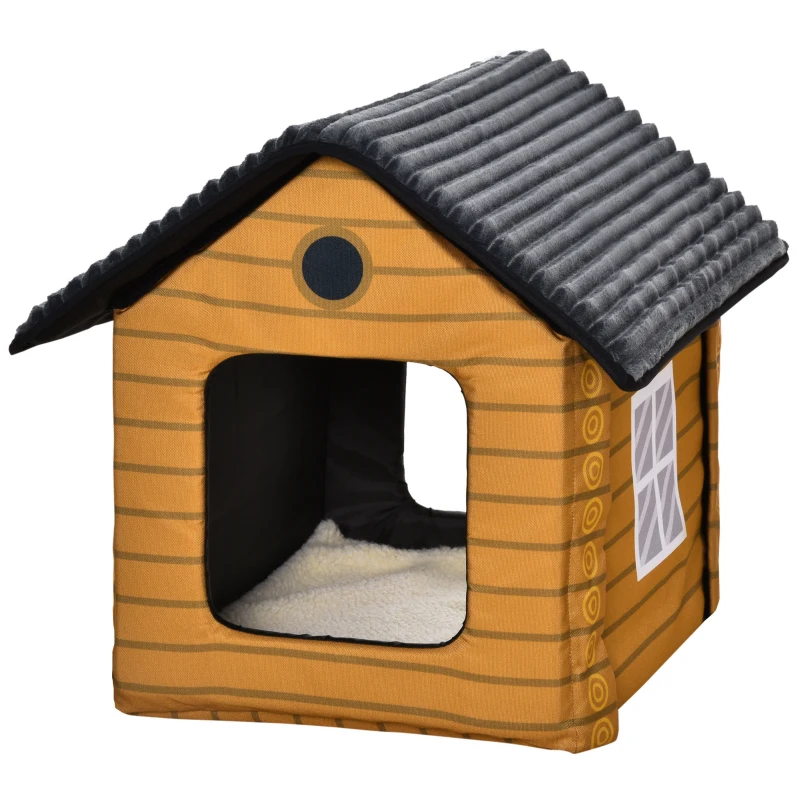PawHut Heated Cat House Condo, Foldable Enclosed Pet House with Heating Pad for Cats or Small Dogs, Use for Indoor or Covered Outdoor Areas, Log Cabin Design