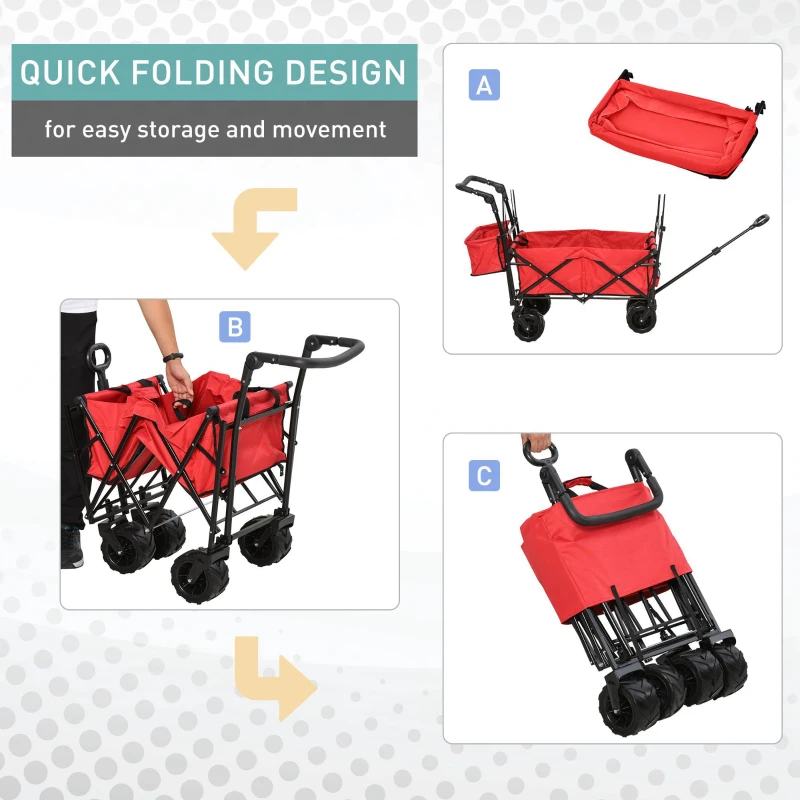 DURHAND Folding Push Pull Collapsible Wagon with Canopy and All-Terrain Wheels, Utility Rolling Cart Stroller for Beach and Shopping, Red
