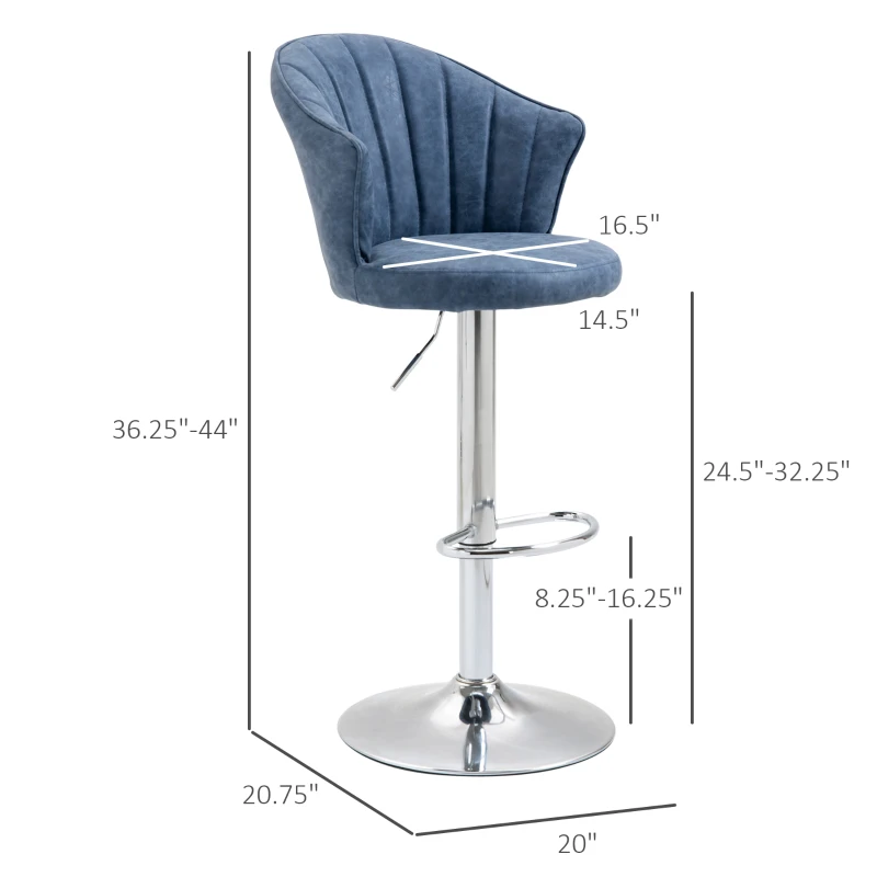 HOMCOM Bar Stool Set of 2 Adjustable Height PU Leather Upholstered Swivel Counter Chairs with Backrest, Footrest, Blue