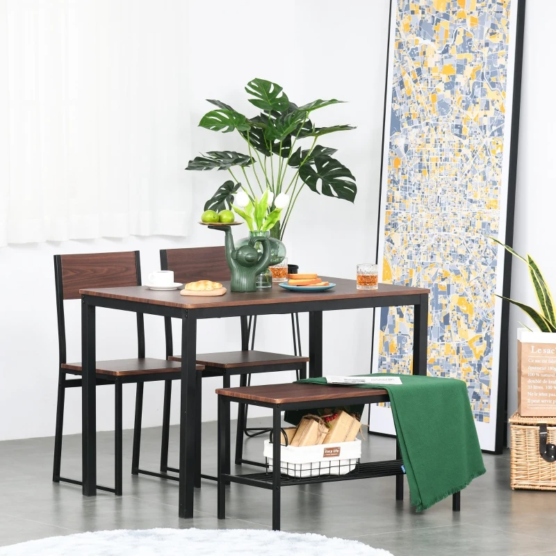 HOMCOM Industrial 4 Piece Dining Room Table Set with Bench Wooden Kitchen Table and Chairs w/ Storage Rack for Kitchen, Dinette, Rustic Brown/Black