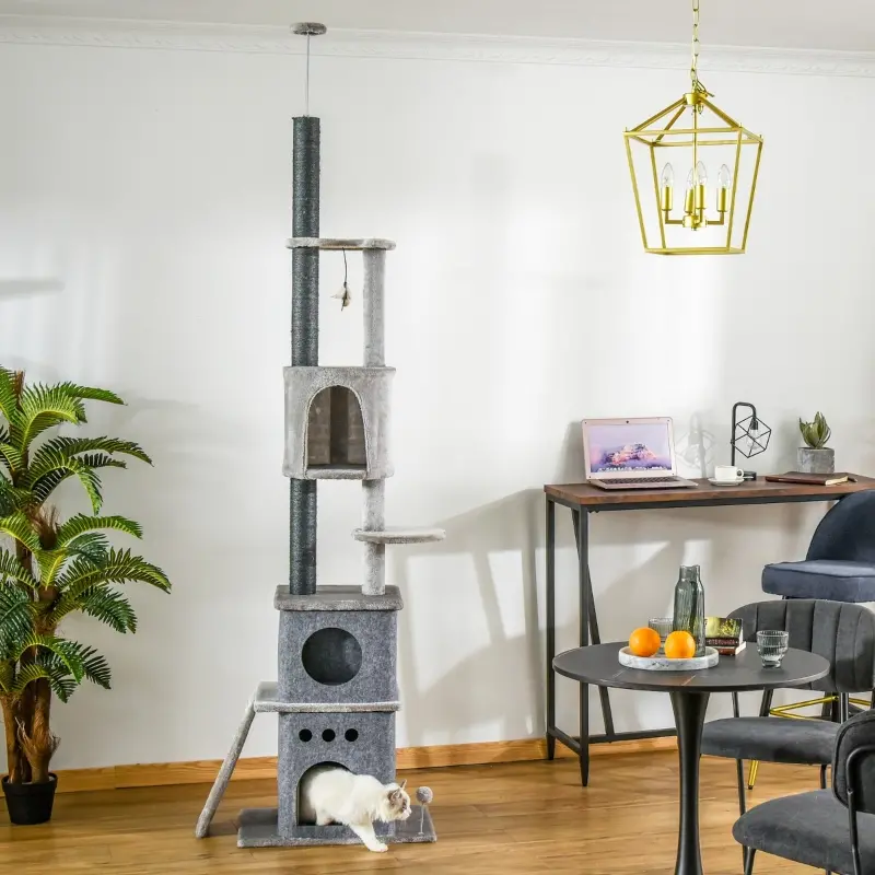 PawHut 100" Cat Climbing Tree Adjustable Kitty Activity Center Floor-to-Ceiling Cat Climber Toy with Scratching Post Play Double Condo Rest Post Pet Furniture Light Grey