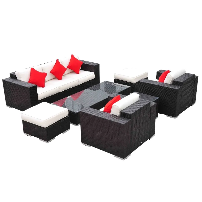 Outsunny 7pcs Rattan Sofa Set Outdoor Wicker Sectional Set Garden Patio Furniture Reclining Seat Ottoman w/ Pillow and Cushion Aluminum Frame