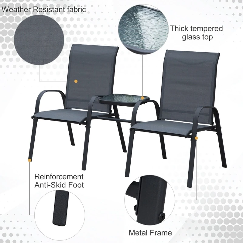 Outsunny Bistro Set Outdoor Furniture Set with Attached Middle Glass Coffee Table, Breathable Fabric Double Chairs for Balcony, Patio, Porch