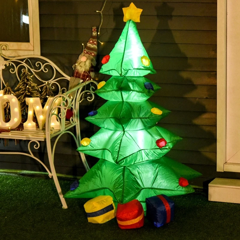 HOMCOM 4ft Christmas Inflatable Christmas Tree with Presents, Outdoor Blow-Up Yard Decoration with LED Lights Display