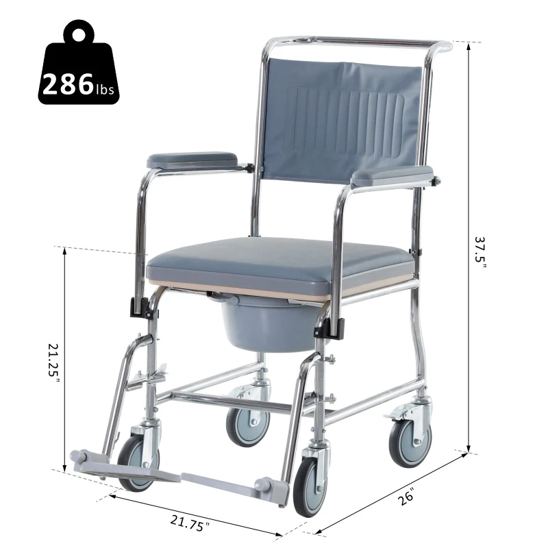 HOMCOM Shower Rolling Chair Personal Mobility Assist Bedside Commode Toilet Chair with Detachable Bucket Armrest Wheelchair Design Armchair for Elder Disabled Pregnant, Grey