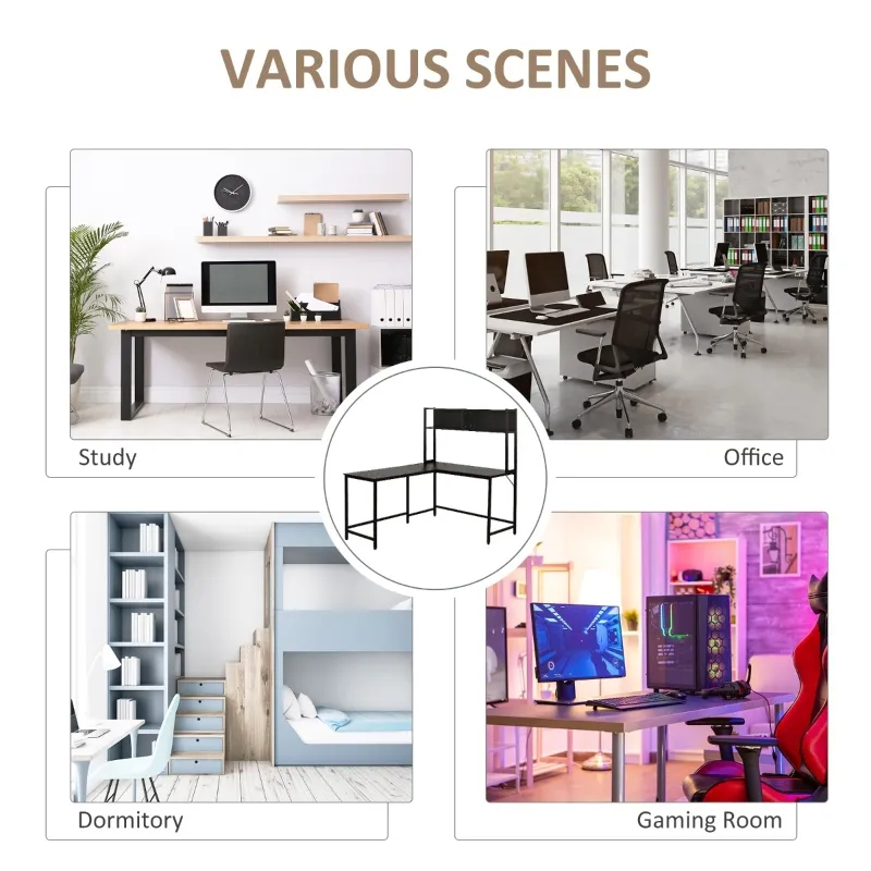 HOMCOM 55 Inch L Shaped Computer Desk with Hutch, Corner Desk for Home Office and Study, Writing Workstation with 2 Storage Compartments, Black