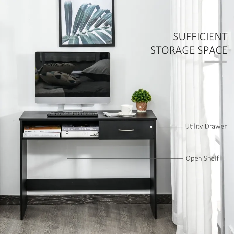HOMCOM Modern Computer Desk with Drawer, Writing Table with Storage Shelf, Home Office Workstation, Black