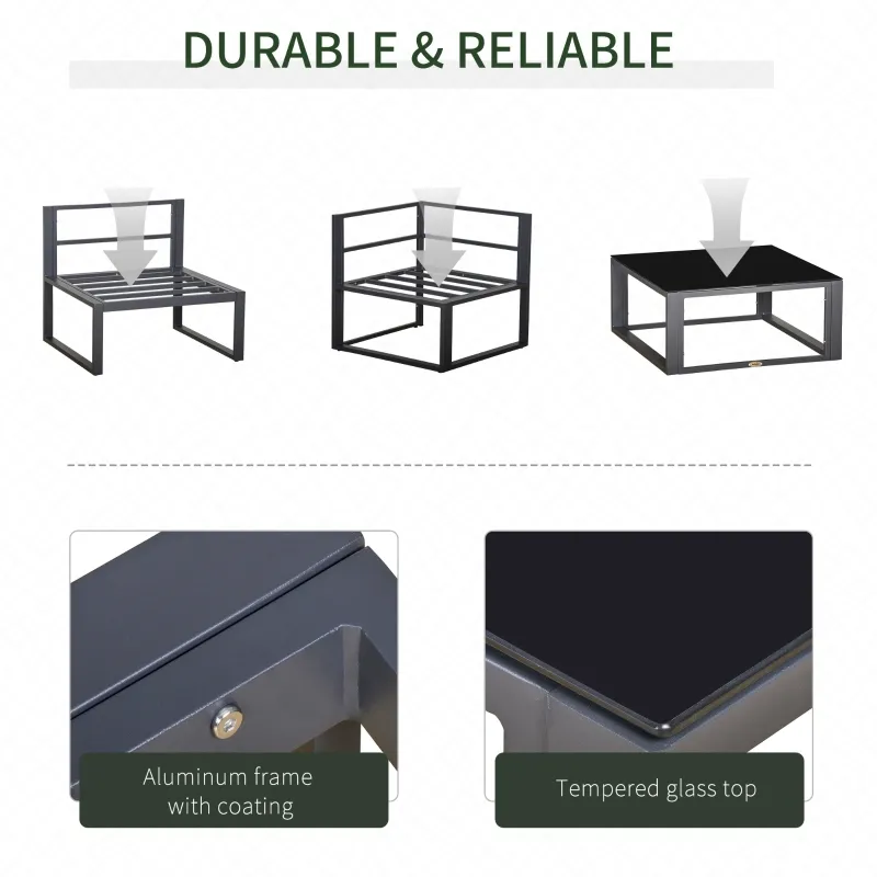 Outsunny 7 Pieces Outdoor Patio Furniture Set, Sofa Couch with Glass Coffee Table, Cushioned Chairs and Metal Frame, for Balcony Garden Backyard, Grey