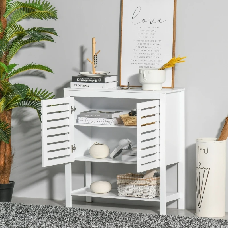 HOMCOM Slat Double Door Coffee Bar Cabinet, Sideboard Buffet Cabinet, Kitchen Cabinet with Bottom Shelf for Living Room, White