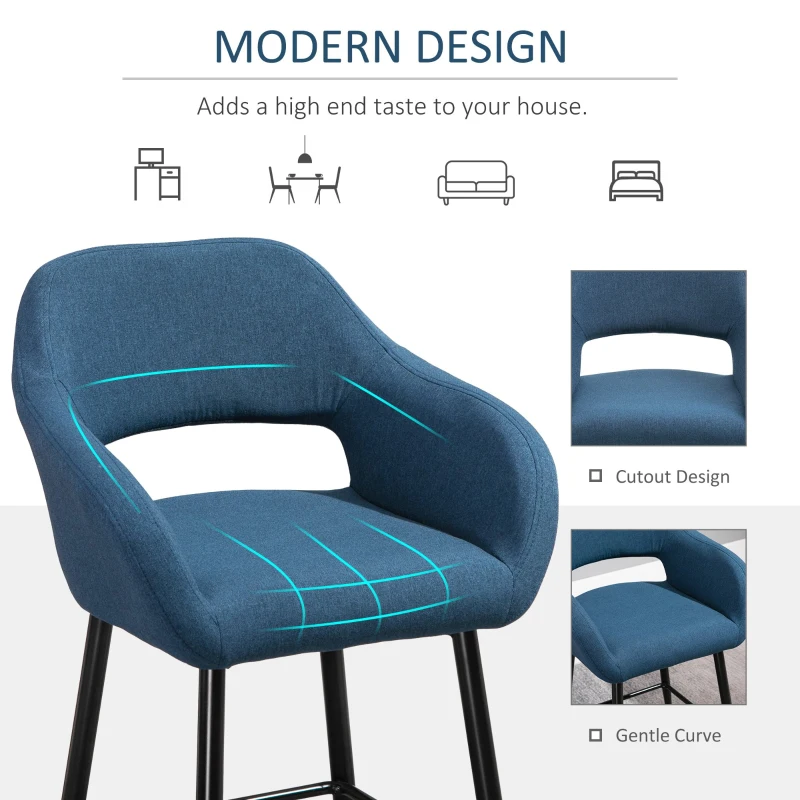 HOMCOM Modern Counter Height Barstool Linen Fabric Upholstered Chair with Footrest & Metal Legs, Blue