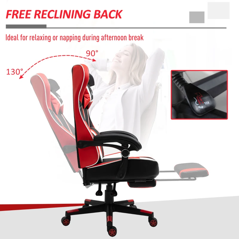 Vinsetto High Back Gaming Chair, Racing Style Ergonomic Computer Desk Chair with Adjustable Height, Retractable Footrest, Headrest and Lumbar Support, Red