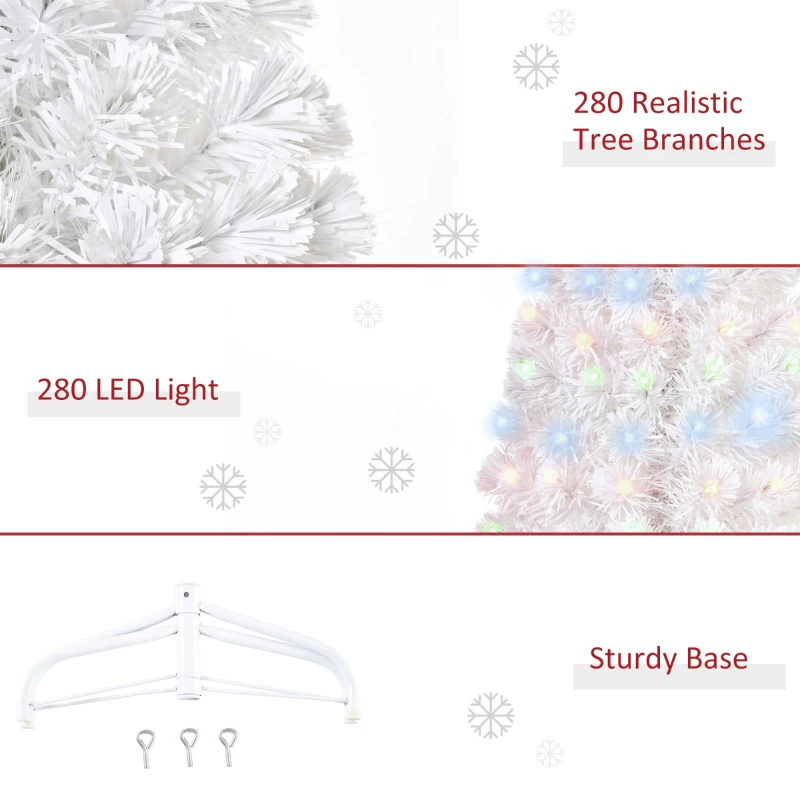 HOMCOM 7ft Tall Fir Artificial Christmas Tree with Realistic Branches, 280 Multi-Color Fiber Optic LED Lights and 280 Tips, White