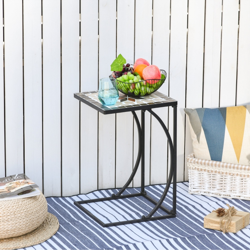 Outsunny Outdoor Mosaic Side Accent Table Indoor Coffee End Table C Shape Frame Patio Plant Stand for Garden Pool