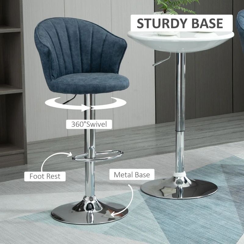 HOMCOM Bar Stool Set of 2 Adjustable Height PU Leather Upholstered Swivel Counter Chairs with Backrest, Footrest, Blue