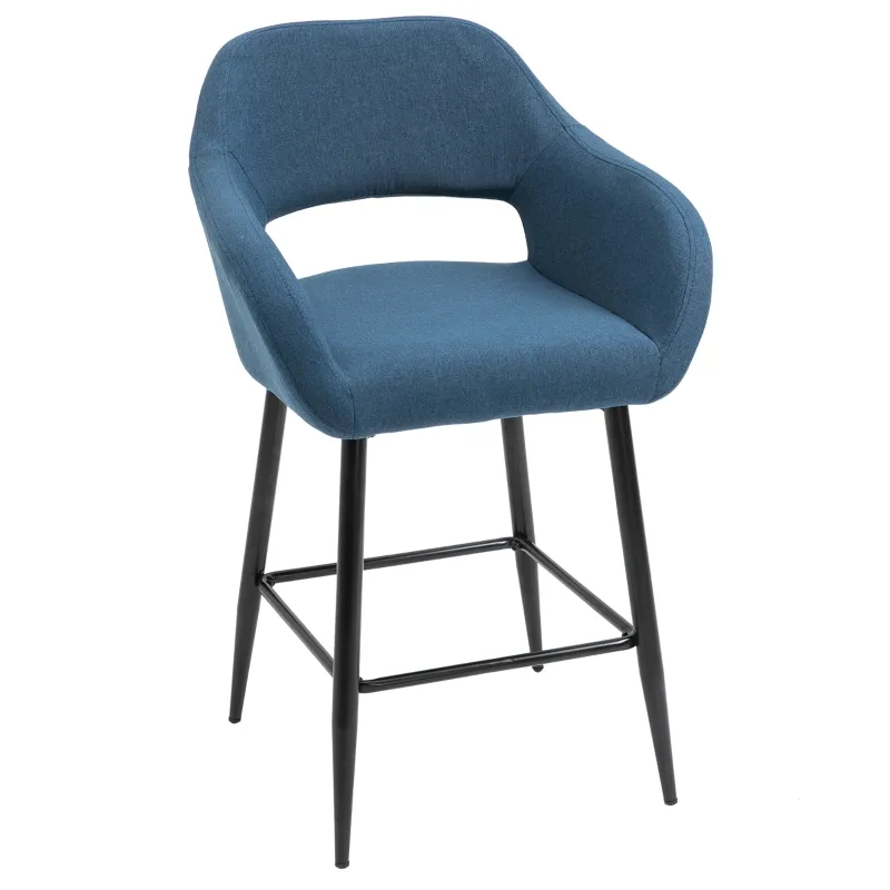 HOMCOM Modern Counter Height Barstool Linen Fabric Upholstered Chair with Footrest & Metal Legs, Blue