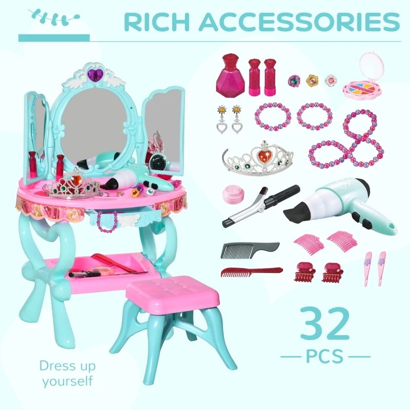 Qaba 32 PCS Kids Vanity Dressing Table Play Set w/ Magic Princess Mirror, Light & Music