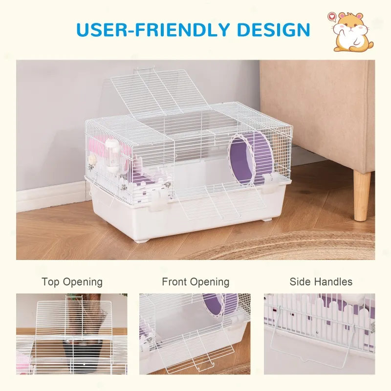 PawHut 2 Tier Hamster Cage Gerbil Rodent House Small Animal Habitat with Water Bottle, Exercise Wheel, Ladder, Hut, White