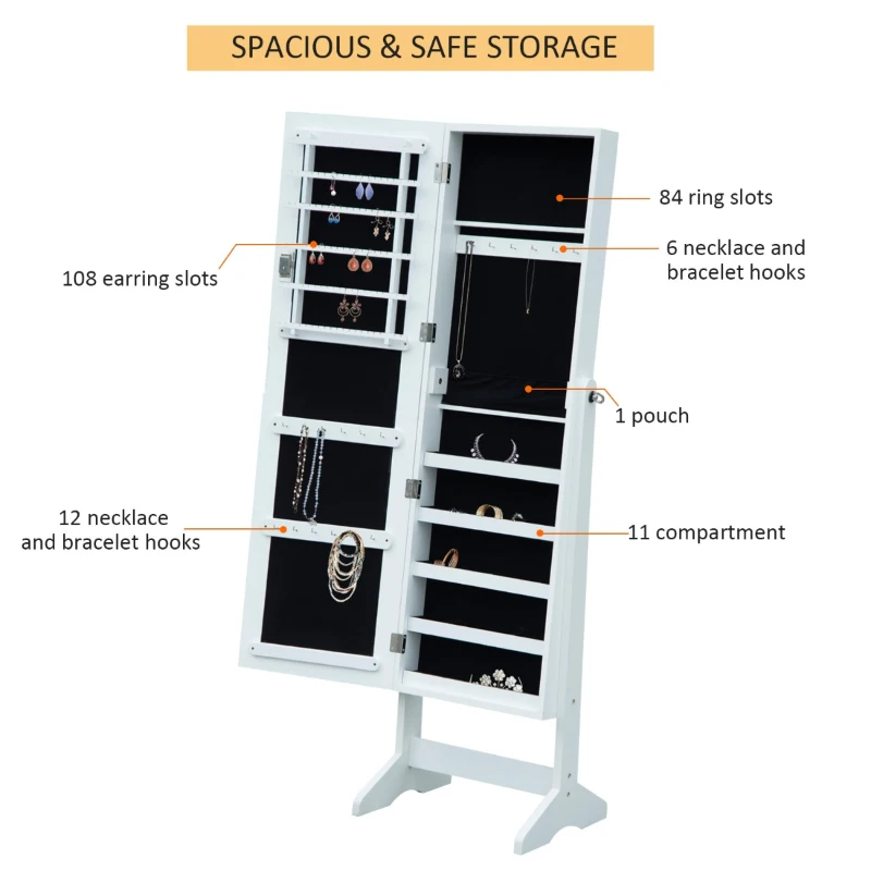 HOMCOM Mirrored Jewellery Cabinet Armoire Stand Organizer for Rings Earrings Bracelets Lockable White