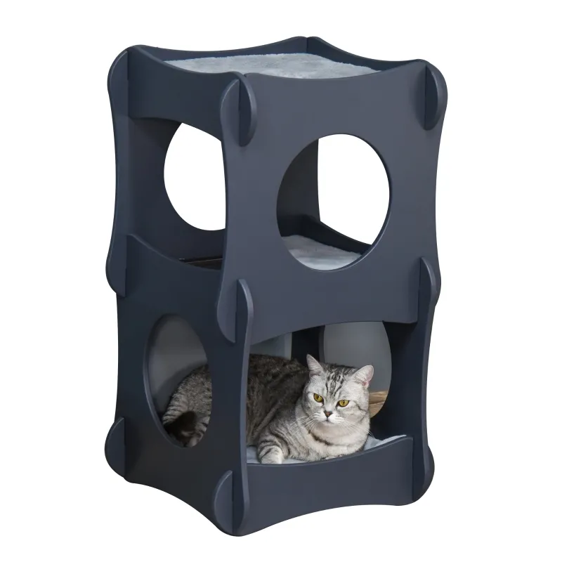 Pawhut Multi-level Wooden Cat House Kitten Bed Pet Furniture with Removable Soft Cushion for Rest and Play Easy to Assemble and Store Dark Grey