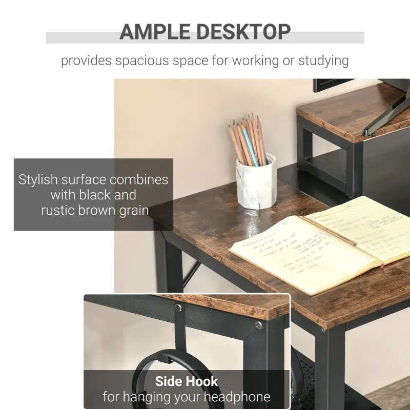 HOMCOM Industrial Style Computer Desk, Home Office Writing Desk, PC Laptop Workstation with Raised Monitor Stand, Side Hook, Adjutable Feet, Rustic Brown and Black